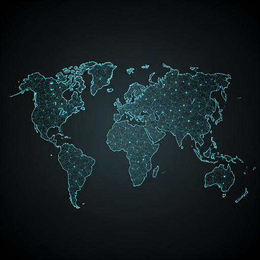 Abstract dark world map with neon network lines